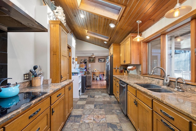 kitchen with sink, hanging light fixtures, range hood, stainless steel appliances, and wooden ceiling