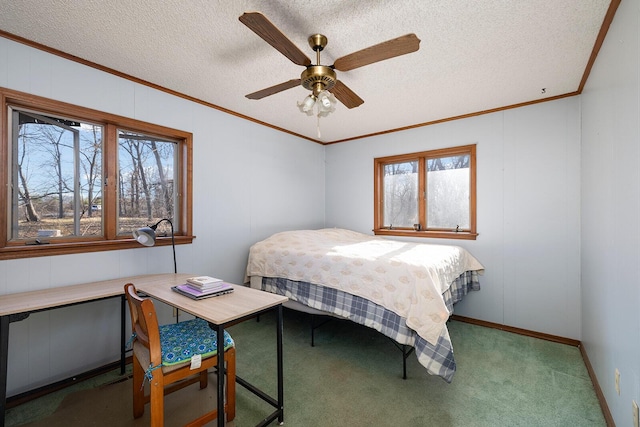 bedroom featuring multiple windows, crown molding, carpet flooring, and a textured ceiling