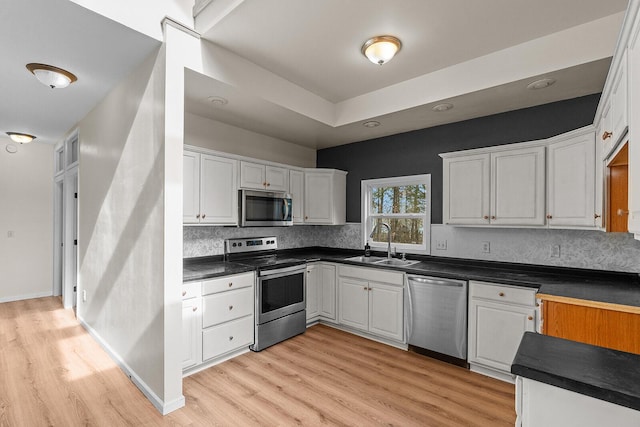 kitchen with sink, appliances with stainless steel finishes, white cabinetry, decorative backsplash, and light wood-type flooring