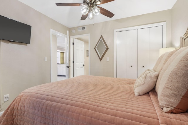 bedroom featuring a closet and ceiling fan