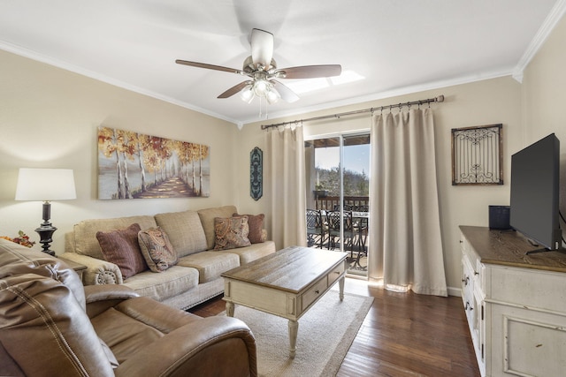 living room with dark hardwood / wood-style flooring, ornamental molding, and ceiling fan