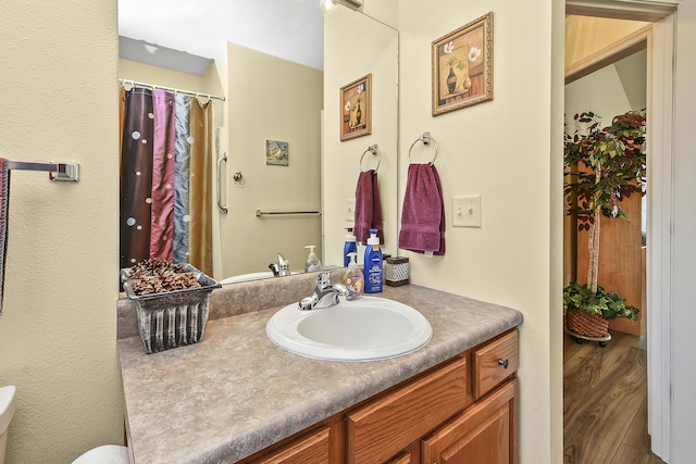 bathroom featuring hardwood / wood-style flooring and vanity