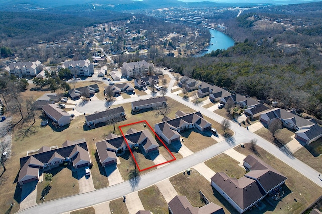 drone / aerial view featuring a water view