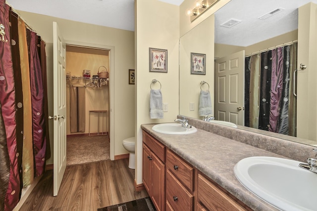 bathroom with hardwood / wood-style flooring, vanity, and toilet