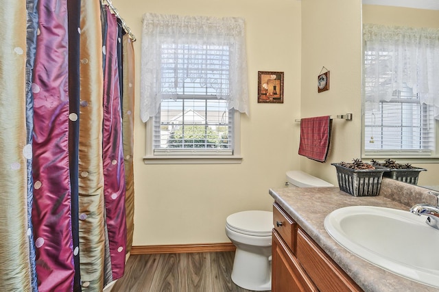 bathroom with hardwood / wood-style flooring, vanity, and toilet