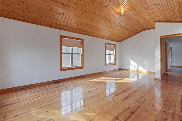 empty room featuring lofted ceiling, light hardwood / wood-style flooring, and wooden ceiling