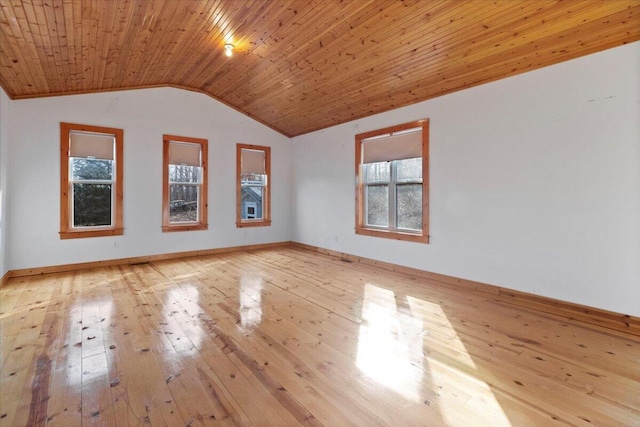 interior space featuring light wood-type flooring, vaulted ceiling, and wooden ceiling