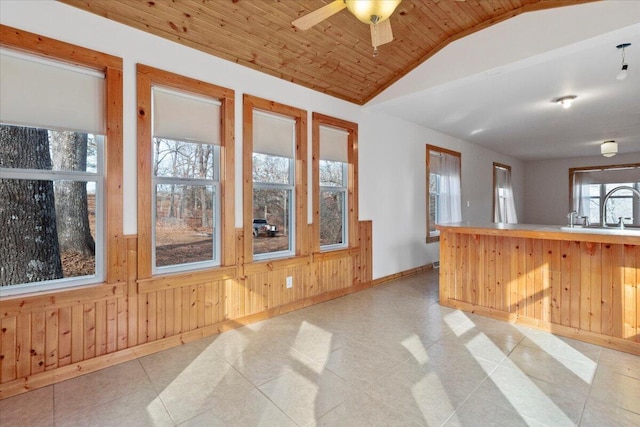 kitchen featuring vaulted ceiling, wood walls, sink, ceiling fan, and wooden ceiling