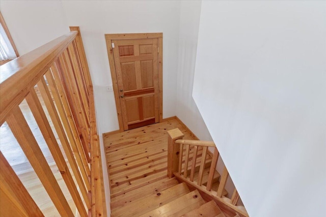 staircase with hardwood / wood-style flooring