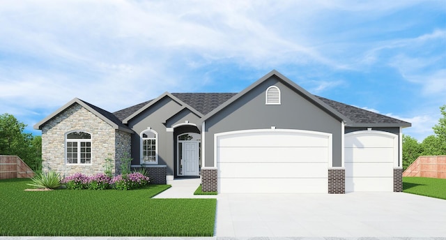 view of front of property with a garage and a front lawn