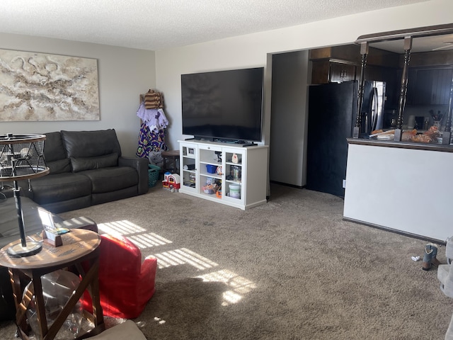 living room featuring a textured ceiling and carpet flooring