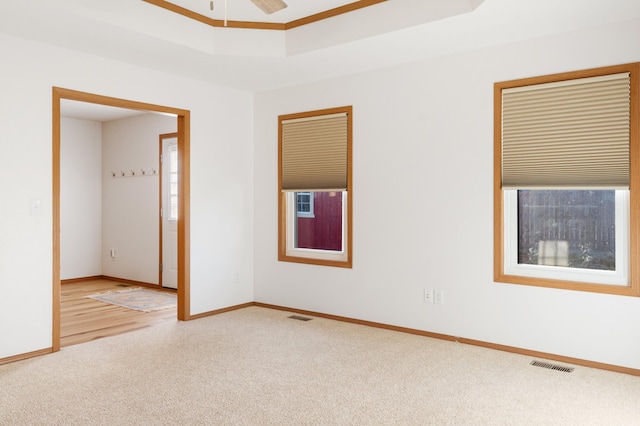 carpeted empty room with ceiling fan and a tray ceiling