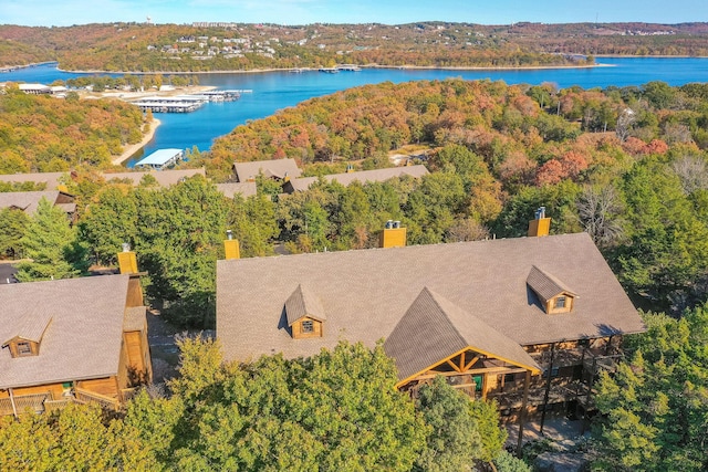 drone / aerial view with a water view