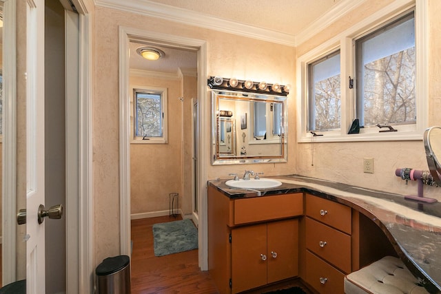 bathroom with ornamental molding, hardwood / wood-style floors, and vanity