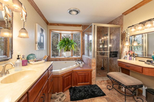 bathroom featuring ornamental molding, vanity, and shower with separate bathtub