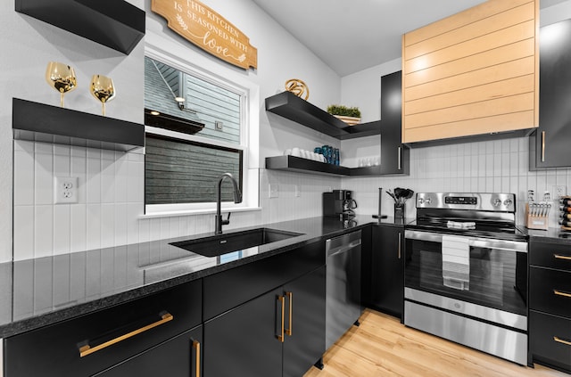 kitchen featuring appliances with stainless steel finishes, sink, dark stone countertops, and decorative backsplash