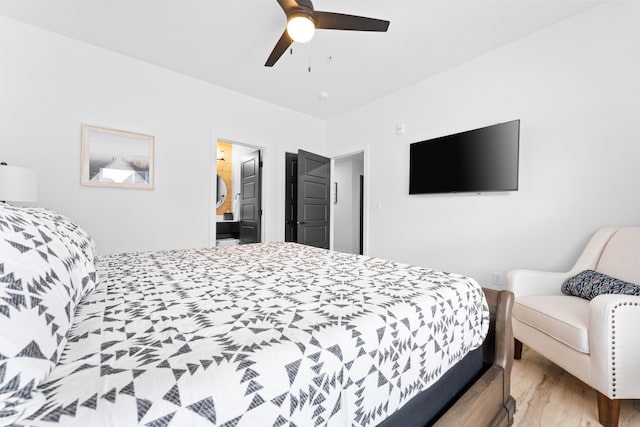 bedroom featuring ceiling fan and light hardwood / wood-style flooring