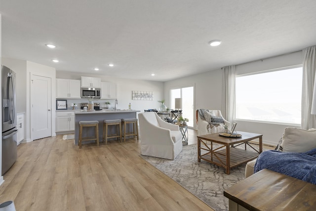 living room featuring sink and light hardwood / wood-style flooring