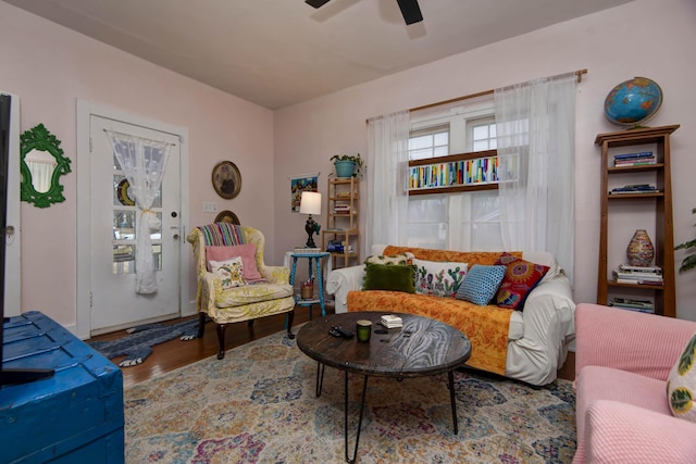 living room with ceiling fan and hardwood / wood-style floors