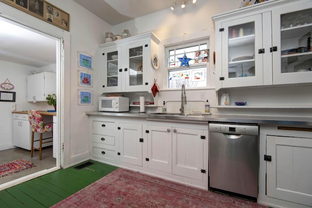 kitchen featuring sink, dark wood-type flooring, dishwasher, stainless steel counters, and white cabinetry