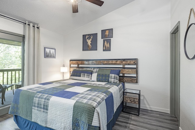 bedroom with lofted ceiling, ceiling fan, hardwood / wood-style floors, a textured ceiling, and access to outside