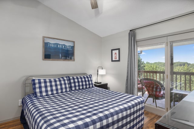 bedroom featuring lofted ceiling, dark wood-type flooring, access to exterior, and ceiling fan