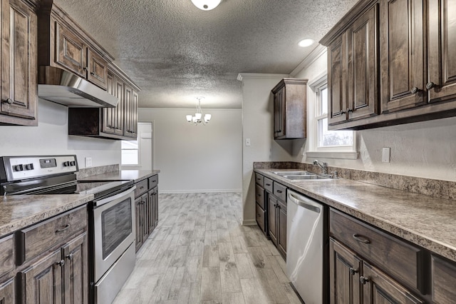 kitchen with sink, crown molding, dark brown cabinets, stainless steel appliances, and light wood-type flooring