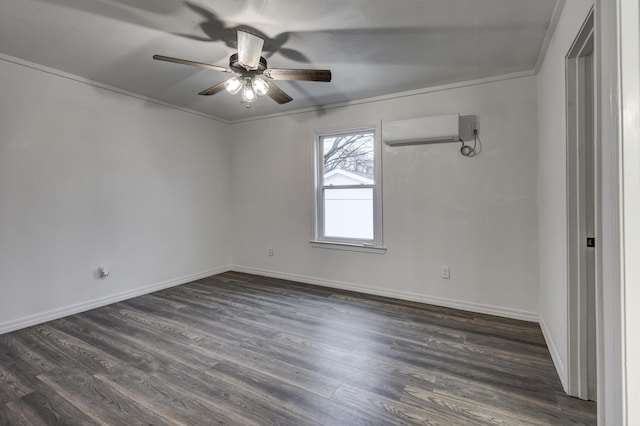 unfurnished room with crown molding, ceiling fan, dark hardwood / wood-style floors, and a wall mounted AC