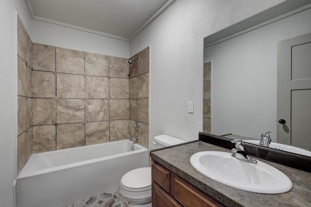 full bathroom featuring tiled shower / bath, vanity, toilet, and ornamental molding