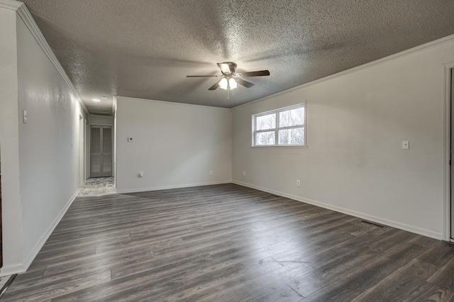 spare room featuring ceiling fan, ornamental molding, dark hardwood / wood-style floors, and a textured ceiling