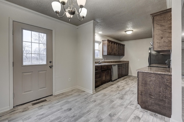 kitchen with dishwasher, dark brown cabinetry, crown molding, a textured ceiling, and light hardwood / wood-style flooring