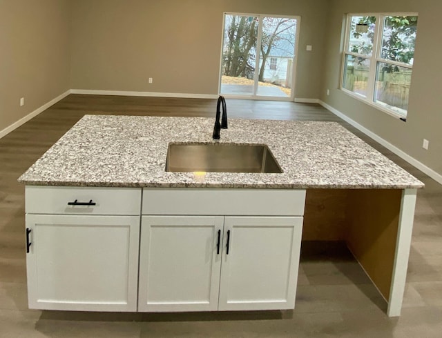 kitchen featuring white cabinetry, sink, light stone countertops, and dark hardwood / wood-style floors