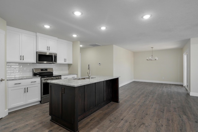 kitchen featuring stainless steel appliances, sink, a kitchen island with sink, and white cabinets