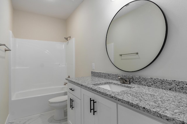 full bathroom with shower / bathtub combination, vanity, and toilet