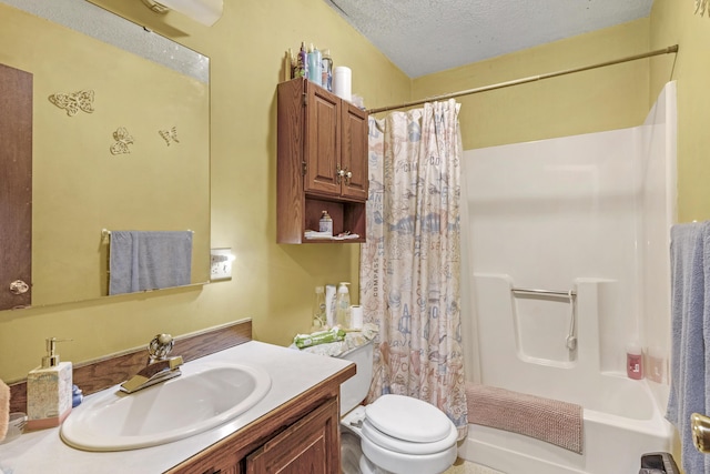 full bathroom with vanity, toilet, a textured ceiling, and shower / tub combo with curtain