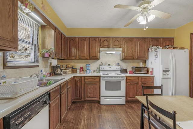 kitchen with sink, dark hardwood / wood-style flooring, decorative backsplash, white appliances, and a textured ceiling