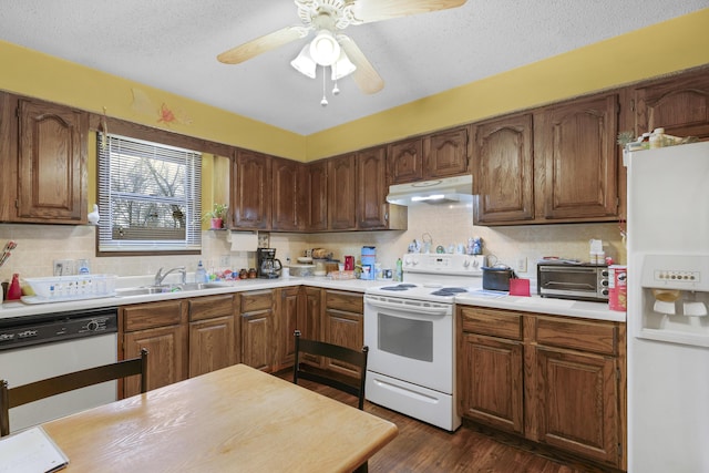 kitchen with sink, white appliances, ceiling fan, dark hardwood / wood-style floors, and tasteful backsplash