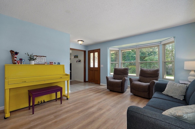 living room with a textured ceiling and light hardwood / wood-style flooring