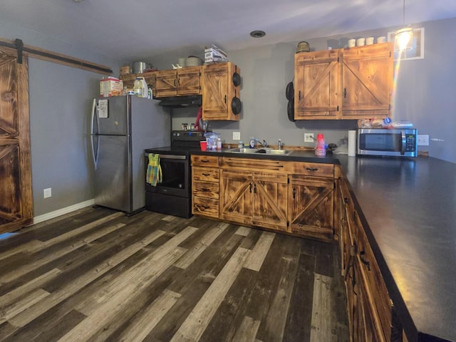 kitchen with a barn door, sink, dark hardwood / wood-style floors, and appliances with stainless steel finishes