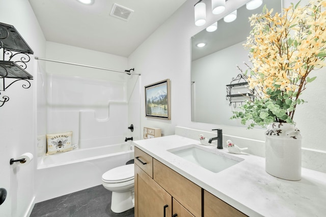 full bath with visible vents, toilet, shower / washtub combination, and vanity