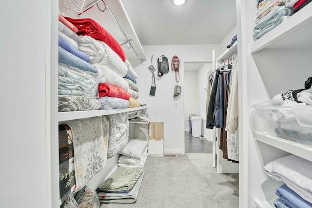 walk in closet with carpet