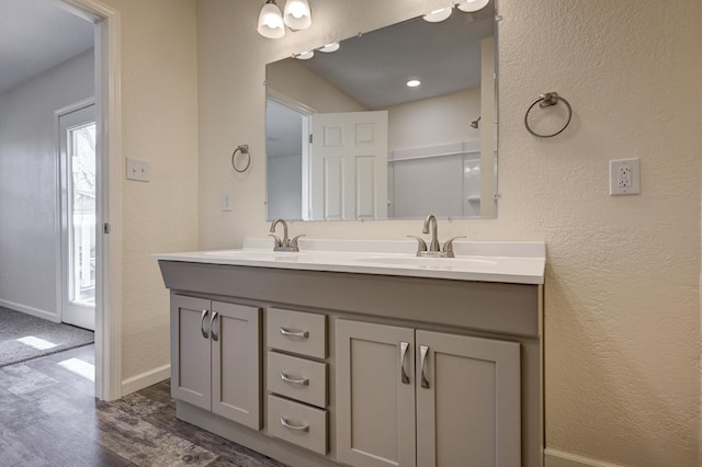 bathroom with hardwood / wood-style flooring and vanity