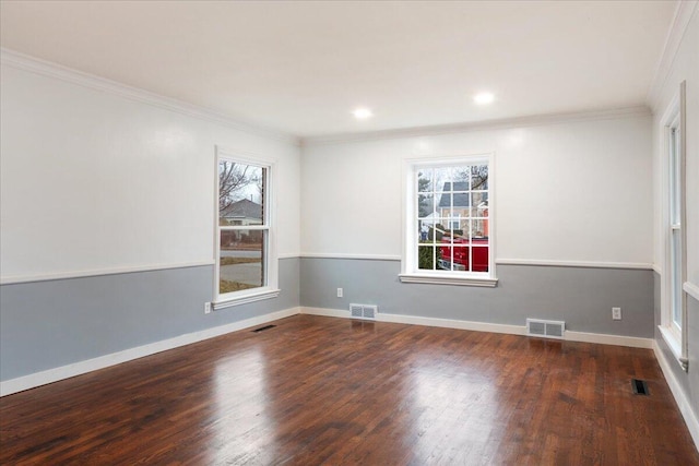 unfurnished room with crown molding and dark hardwood / wood-style floors