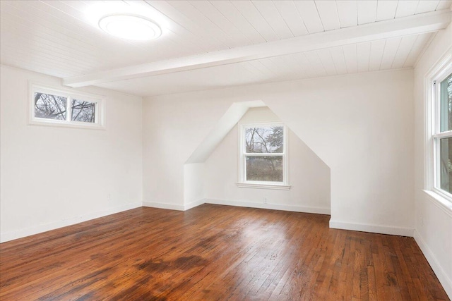 bonus room with lofted ceiling with beams, dark hardwood / wood-style floors, and wooden ceiling