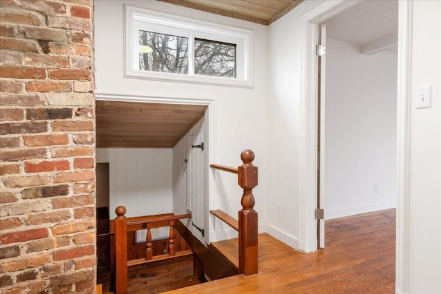 staircase with crown molding and hardwood / wood-style flooring