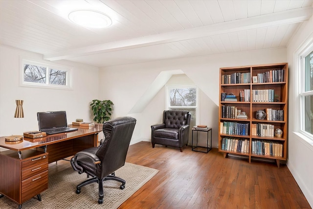 office area featuring wood ceiling, beam ceiling, and hardwood / wood-style floors