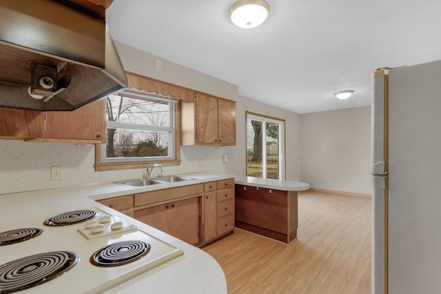 kitchen with sink, white refrigerator, kitchen peninsula, light hardwood / wood-style floors, and stove