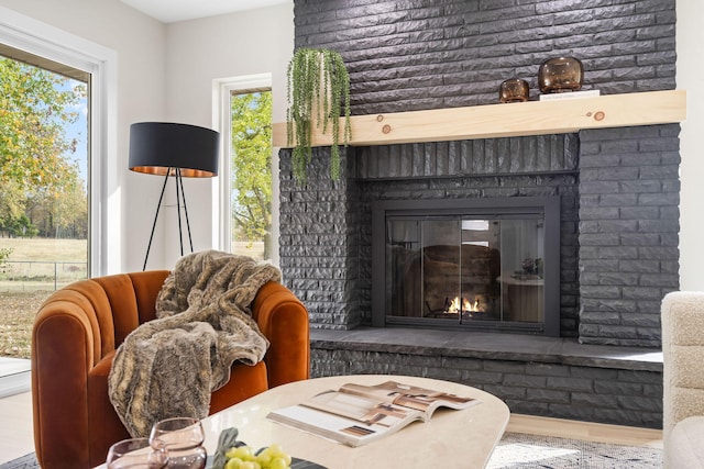 living area featuring hardwood / wood-style floors, a fireplace, and a healthy amount of sunlight