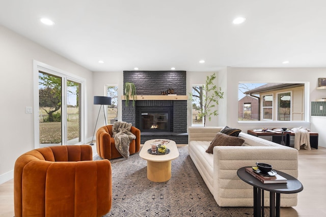 living room with a fireplace and hardwood / wood-style floors