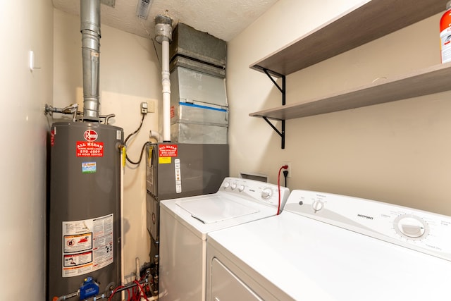 laundry room featuring water heater and washing machine and clothes dryer